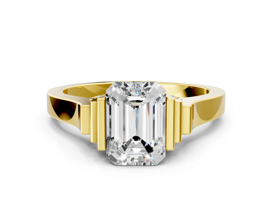 Yellow gold Emerald Cut Brilliant Solitaire Diamond Ring with Channel Set Band and Bar Prong Setting_12