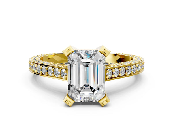 Yellow gold Emerald Cut Brilliant Split Shank Pave Solitaire Ring with Four-Prong Setting