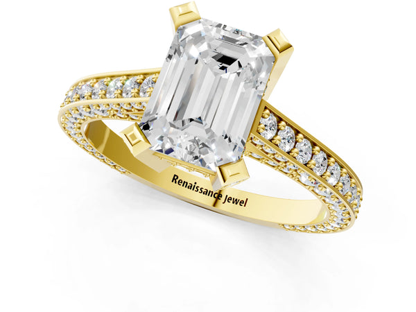 Yellow gold Emerald Cut Brilliant Split Shank Pave Solitaire Ring with Four-Prong Setting