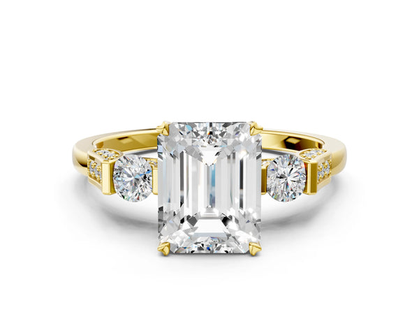 Yellow gold Emerald Cut Brilliant Three-Stone Pave Band with Four-Prong Setting