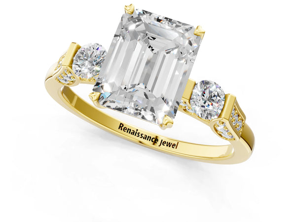 Yellow gold Emerald Cut Brilliant Three-Stone Pave Band with Four-Prong Setting