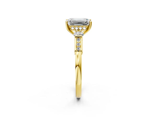 Yellow gold Emerald Cut Brilliant Three-Stone Pave Band with Four-Prong Setting
