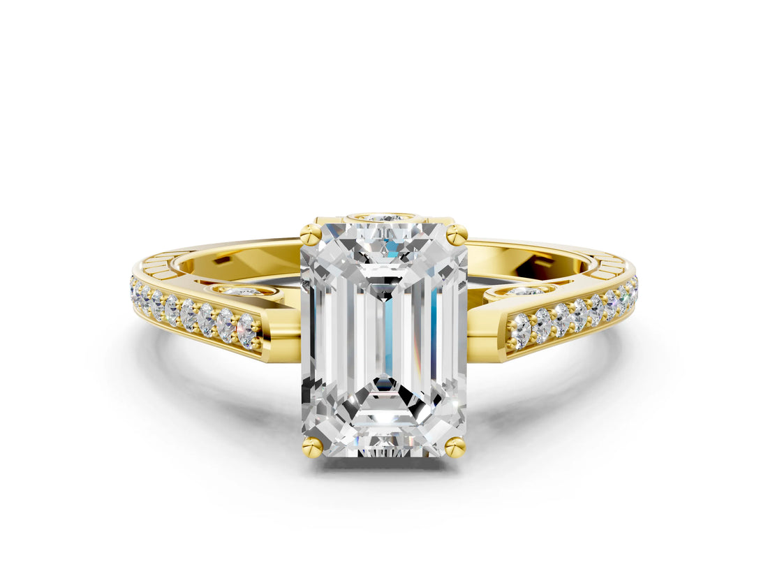 Yellow gold Emerald Cut Cathedral Pave Diamond Engagement Ring with Six-Prong Setting_33