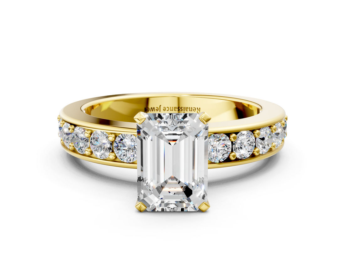 Yellow gold Emerald Cut Channel Set Diamond Engagement Ring with Four-Prong Setting_246