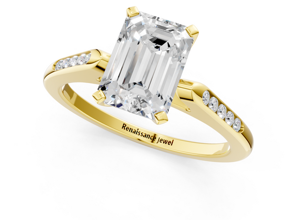 Yellow Gold Emerald Cut Solitaire Engagement Ring Setting with Tapered Channel Set Round Accents