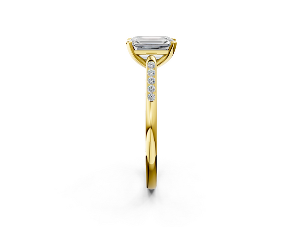 Yellow Gold Emerald Cut Solitaire Engagement Ring Setting with Tapered Channel Set Round Accents