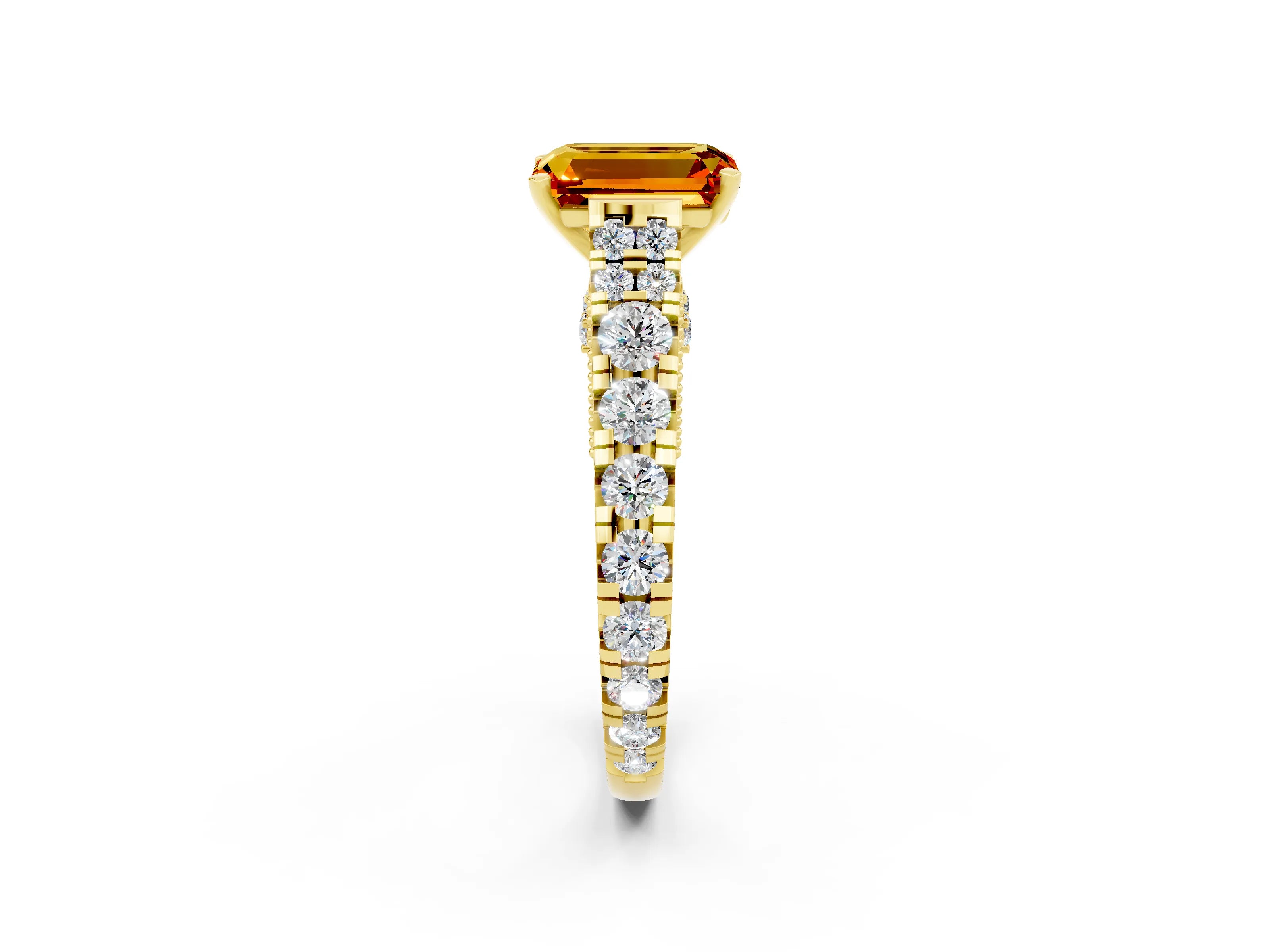 Yellow gold Emerald Cut Citrine Classic Solitaire Ring with Pavé Band and Four-Prong Setting_2