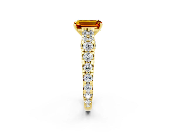 Yellow gold Emerald Cut Citrine Classic Solitaire Ring with Pavé Band and Four-Prong Setting