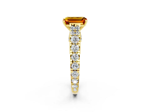 Yellow gold Emerald Cut Citrine Classic Solitaire Ring with Pavé Band and Four-Prong Setting_2