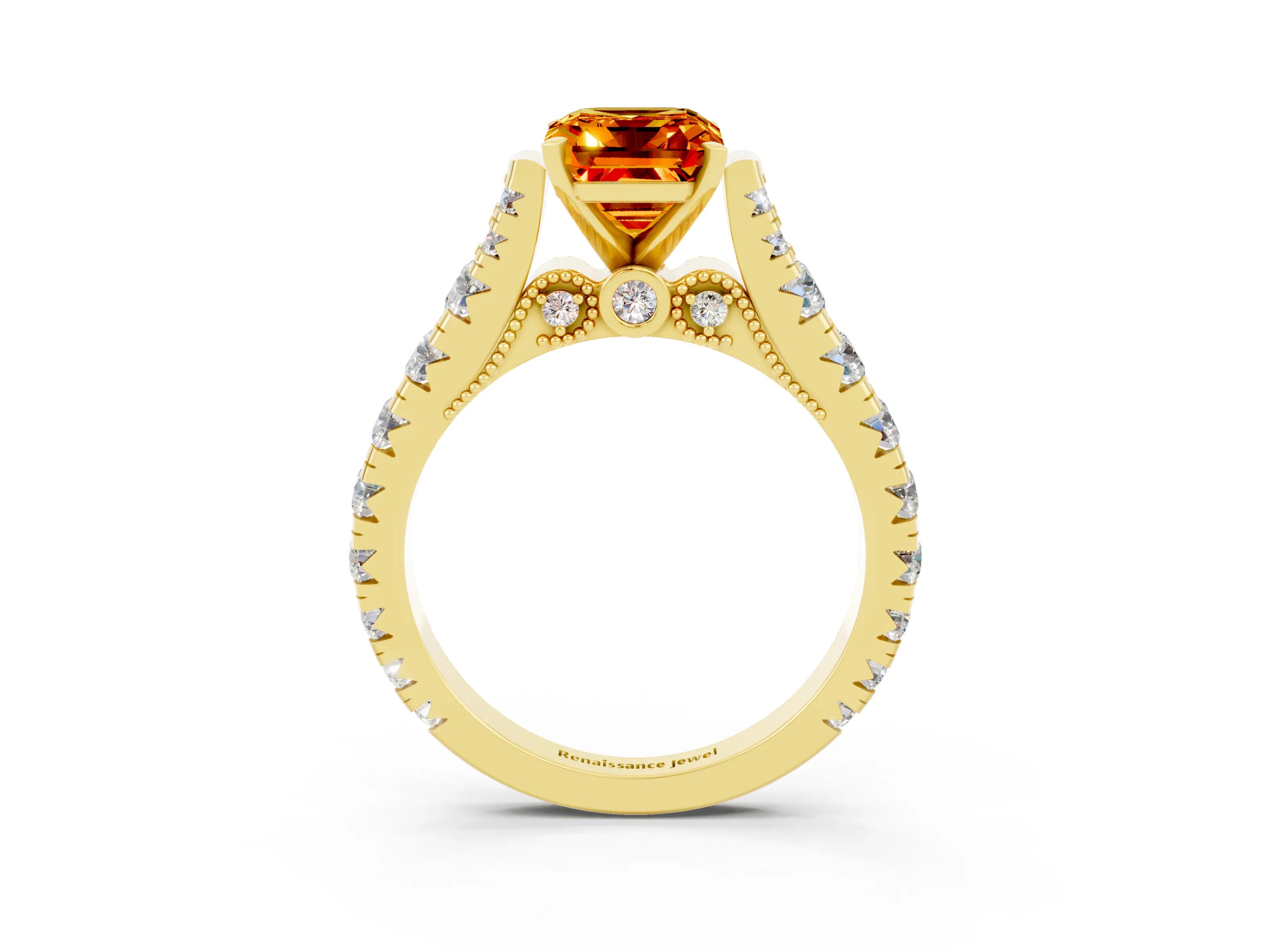 Yellow gold Emerald Cut Citrine Classic Solitaire Ring with Pavé Band and Four-Prong Setting_3