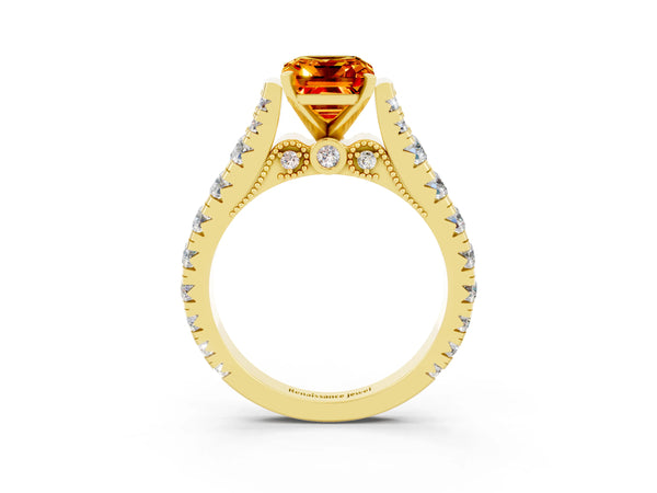 Yellow gold Emerald Cut Citrine Classic Solitaire Ring with Pavé Band and Four-Prong Setting