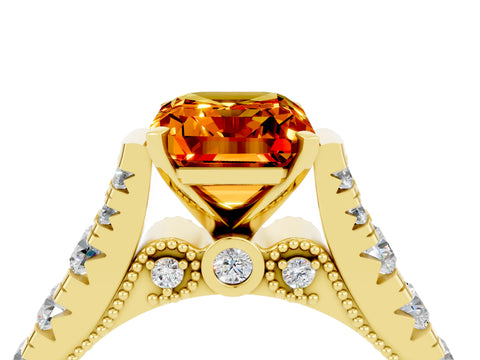 Yellow gold Emerald Cut Citrine Classic Solitaire Ring with Pavé Band and Four-Prong Setting_4