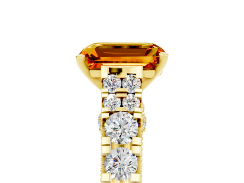 Yellow gold Emerald Cut Citrine Classic Solitaire Ring with Pavé Band and Four-Prong Setting_5