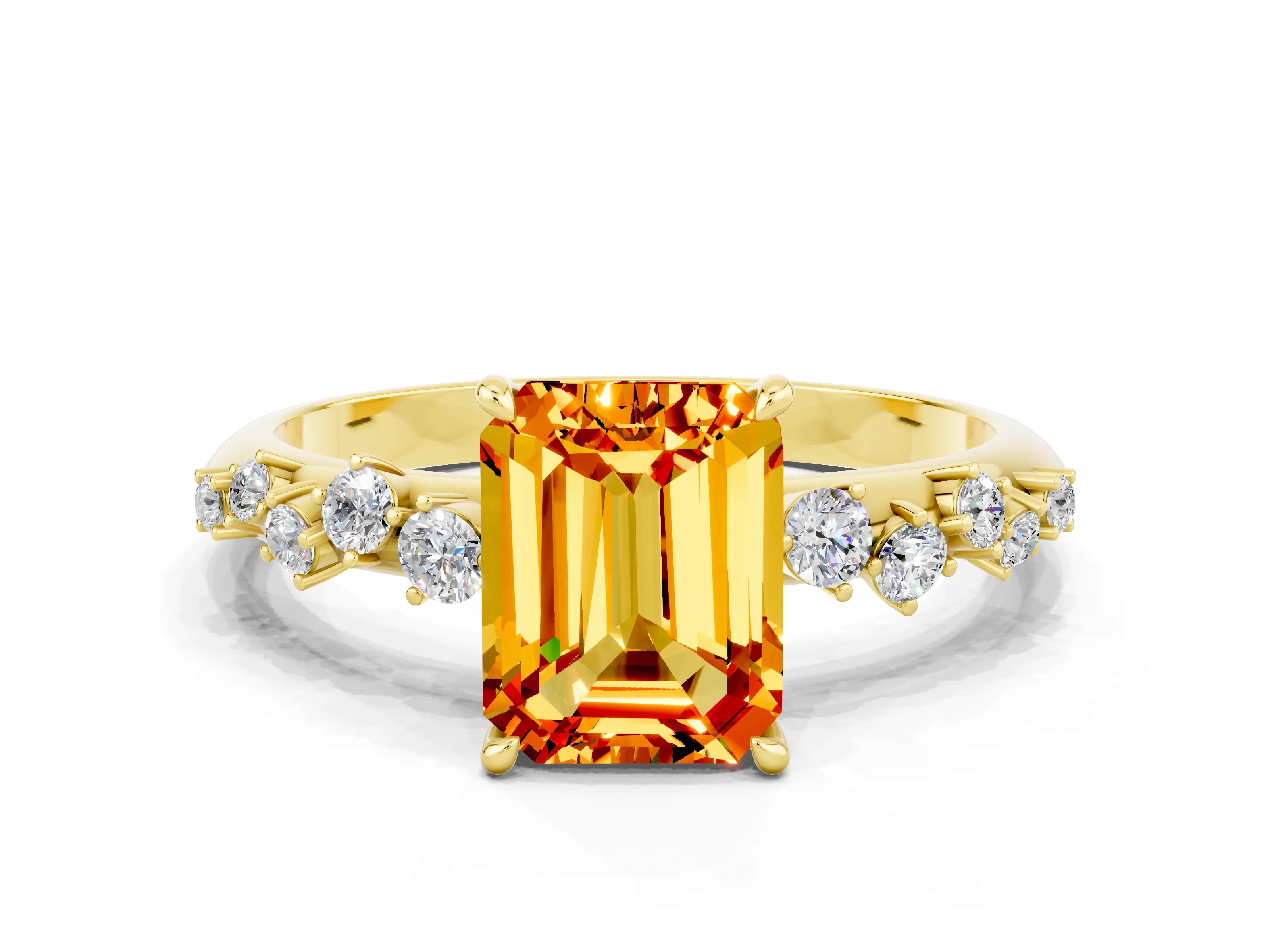 Yellow gold Emerald Cut Citrine Cluster Side Stone Solitaire Ring with Prong Setting_24