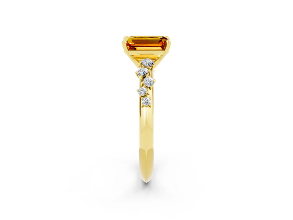 Yellow gold Emerald Cut Citrine Cluster Side Stone Solitaire Ring with Prong Setting