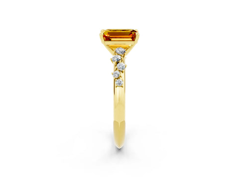 Yellow gold Emerald Cut Citrine Cluster Side Stone Solitaire Ring with Prong Setting_26