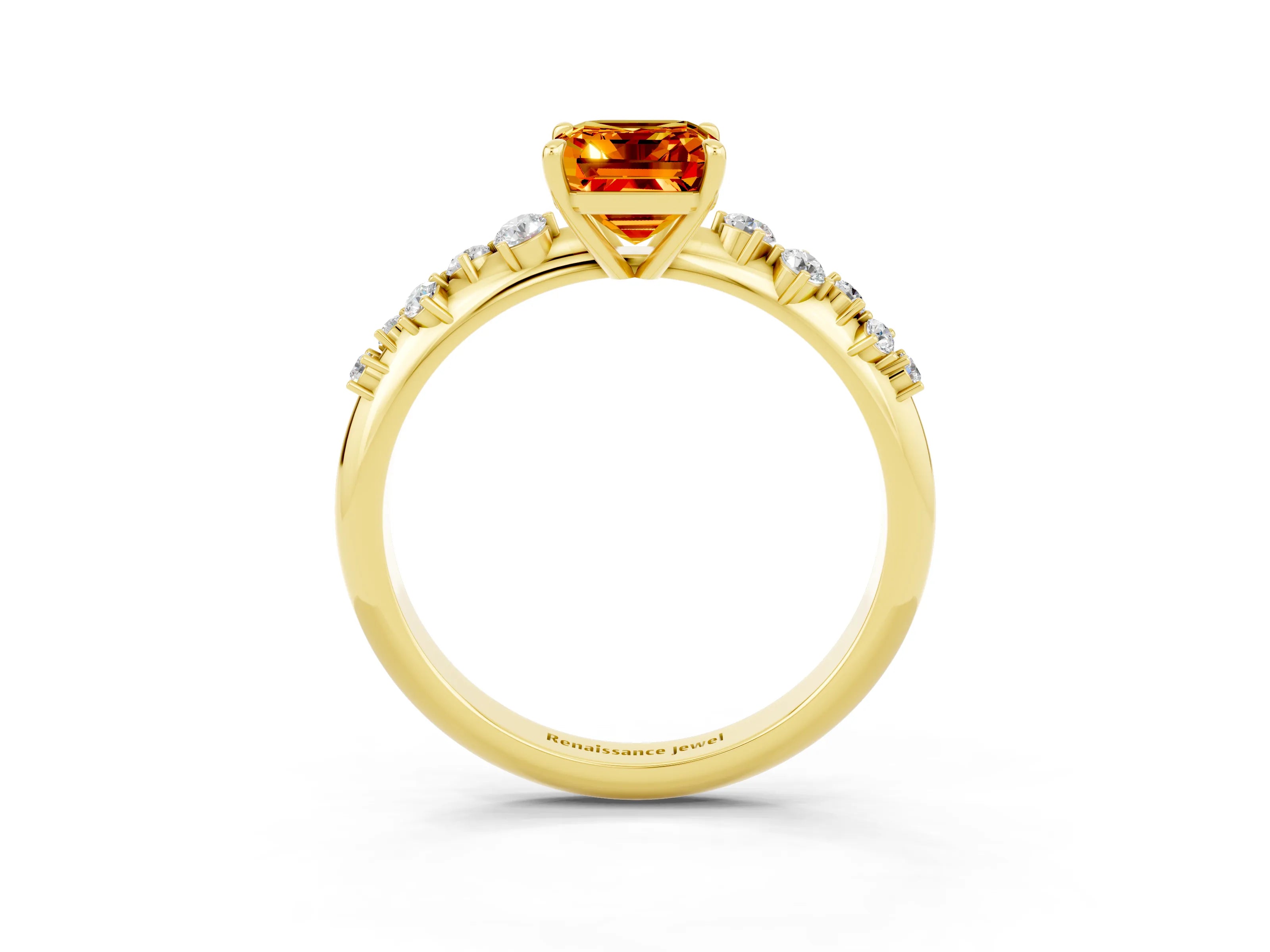 Yellow gold Emerald Cut Citrine Cluster Side Stone Solitaire Ring with Prong Setting_27