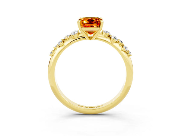 Yellow gold Emerald Cut Citrine Cluster Side Stone Solitaire Ring with Prong Setting