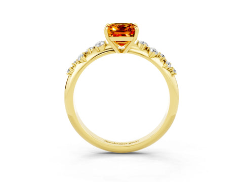 Yellow gold Emerald Cut Citrine Cluster Side Stone Solitaire Ring with Prong Setting_27