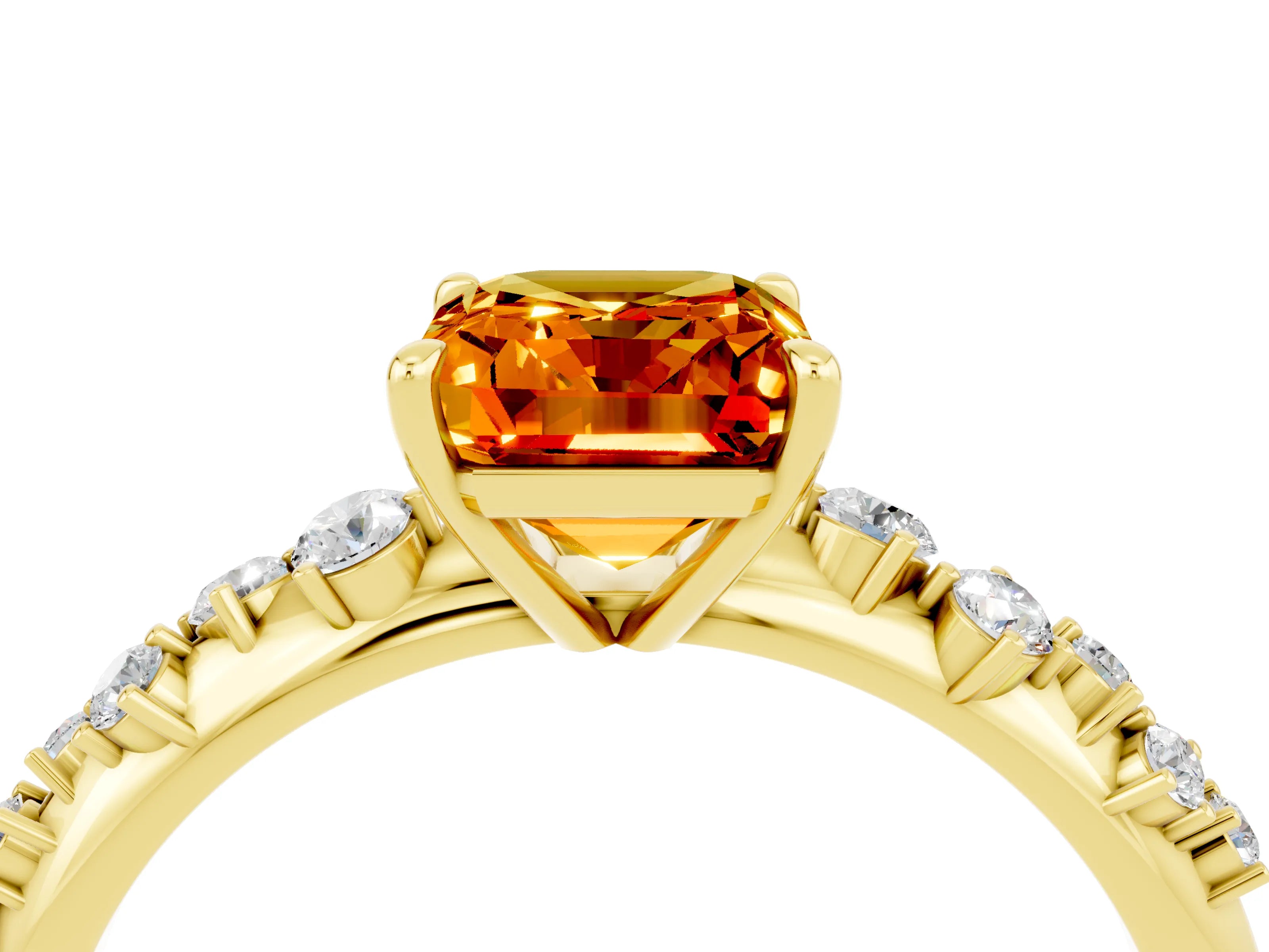 Yellow gold Emerald Cut Citrine Cluster Side Stone Solitaire Ring with Prong Setting_28