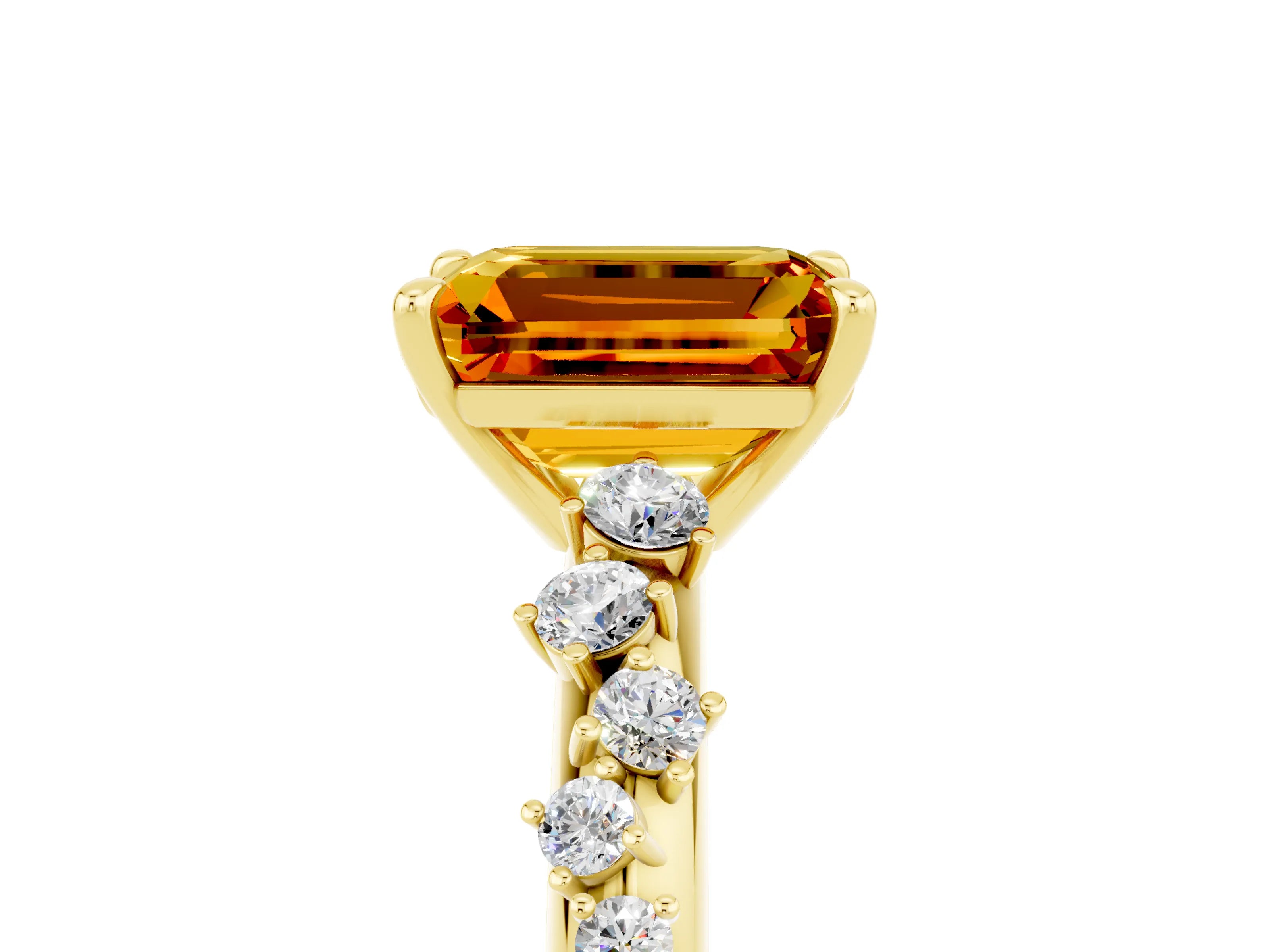 Yellow gold Emerald Cut Citrine Cluster Side Stone Solitaire Ring with Prong Setting_29
