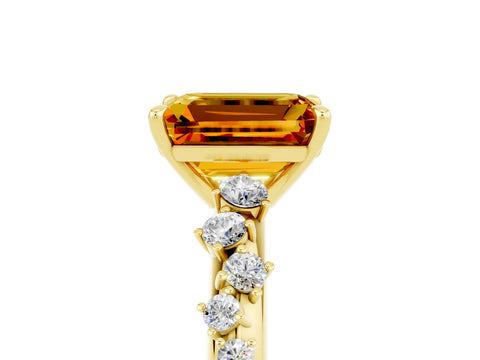 Yellow gold Emerald Cut Citrine Cluster Side Stone Solitaire Ring with Prong Setting_29
