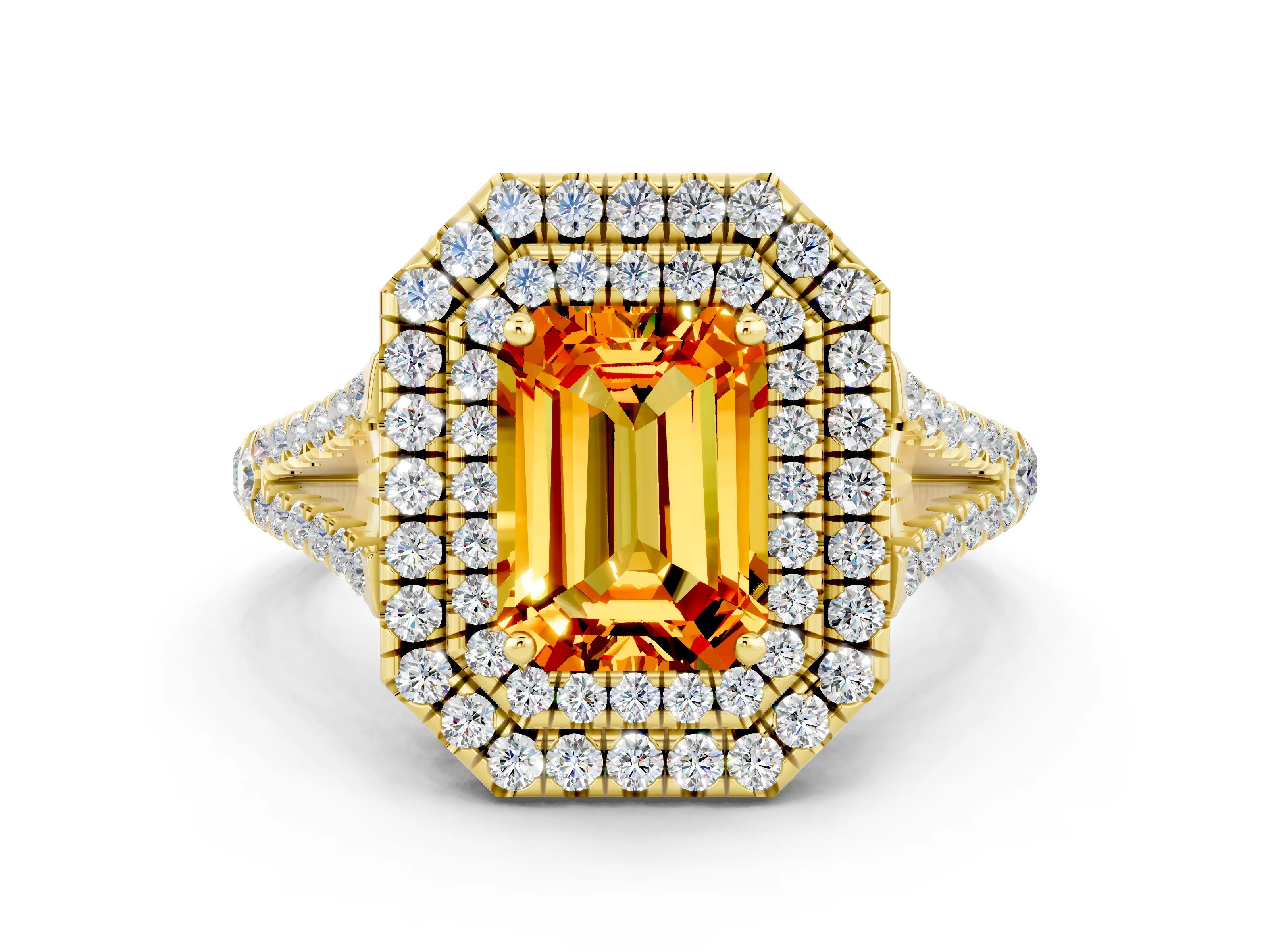 Yellow gold Emerald Cut Citrine Double Halo Ring with Pavé Band and Prong Setting_12