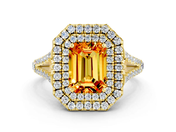 Yellow gold Emerald Cut Citrine Double Halo Ring with Pavé Band and Prong Setting