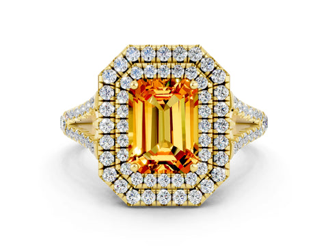 Yellow gold Emerald Cut Citrine Double Halo Ring with Pavé Band and Prong Setting_12