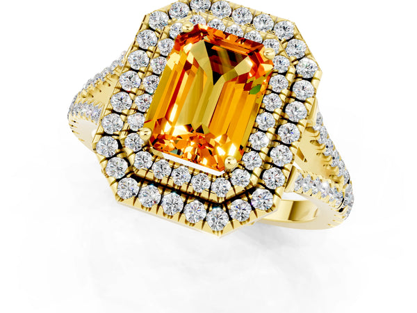 Yellow gold Emerald Cut Citrine Double Halo Ring with Pavé Band and Prong Setting