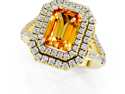 Yellow gold Emerald Cut Citrine Double Halo Ring with Pavé Band and Prong Setting_13