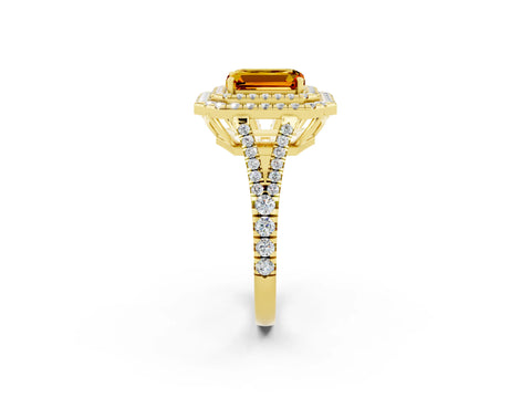 Yellow gold Emerald Cut Citrine Double Halo Ring with Pavé Band and Prong Setting_14