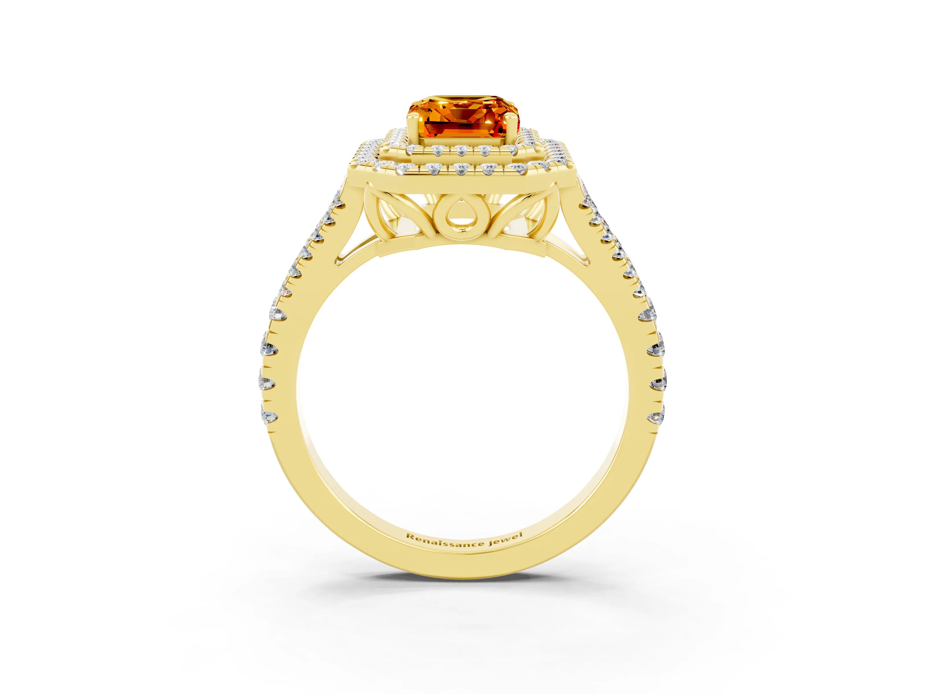Yellow gold Emerald Cut Citrine Double Halo Ring with Pavé Band and Prong Setting_15