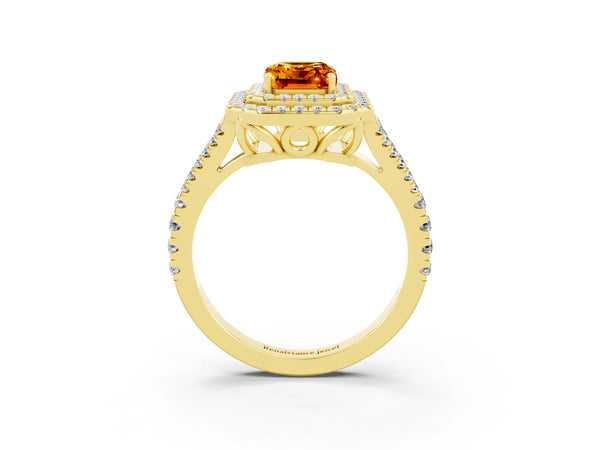 Yellow gold Emerald Cut Citrine Double Halo Ring with Pavé Band and Prong Setting
