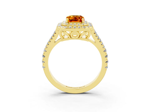 Yellow gold Emerald Cut Citrine Double Halo Ring with Pavé Band and Prong Setting_15