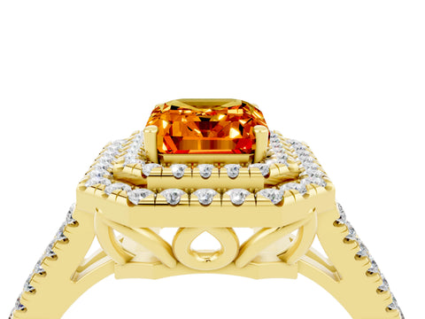 Yellow gold Emerald Cut Citrine Double Halo Ring with Pavé Band and Prong Setting_16