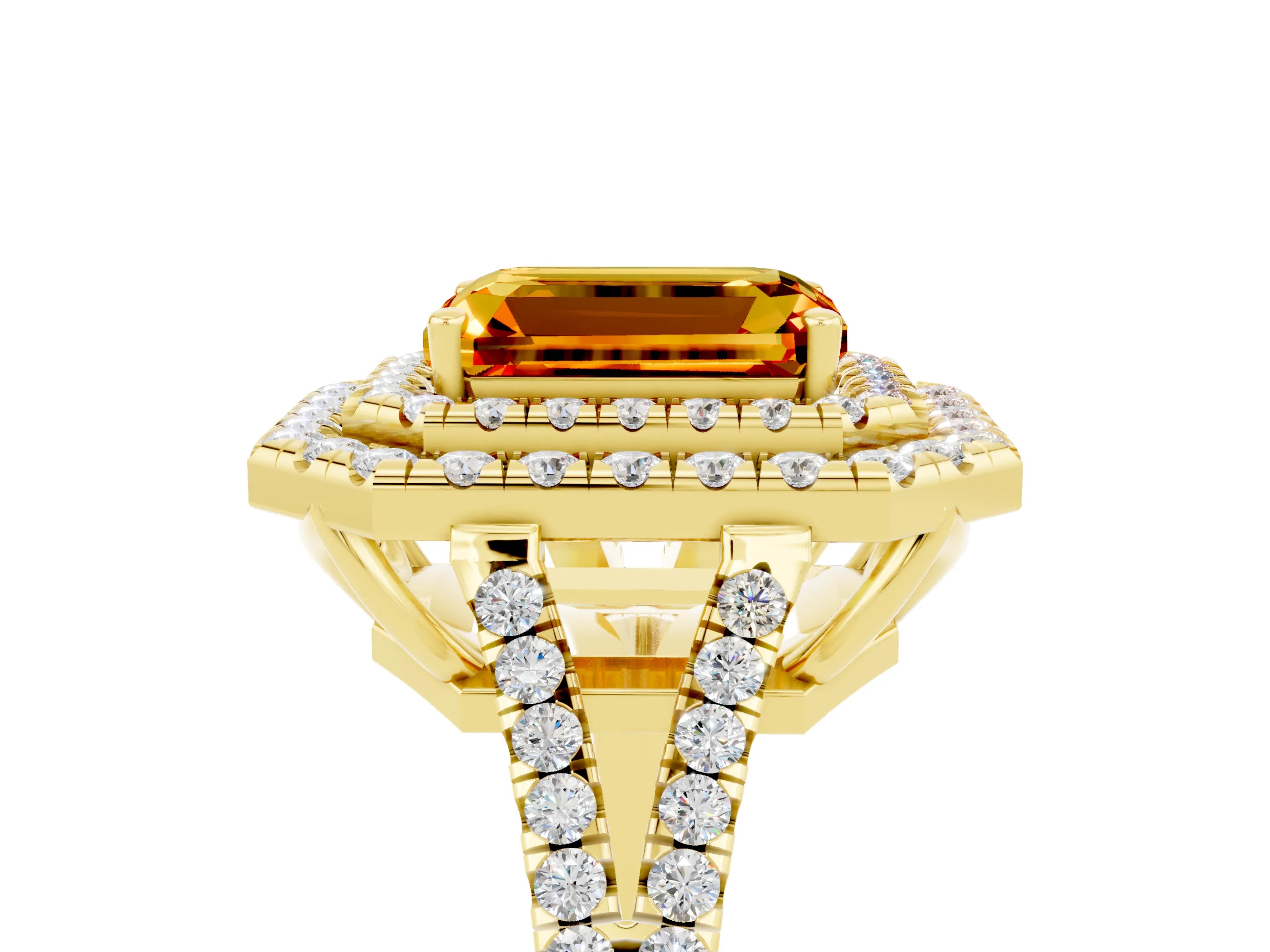 Yellow gold Emerald Cut Citrine Double Halo Ring with Pavé Band and Prong Setting_17