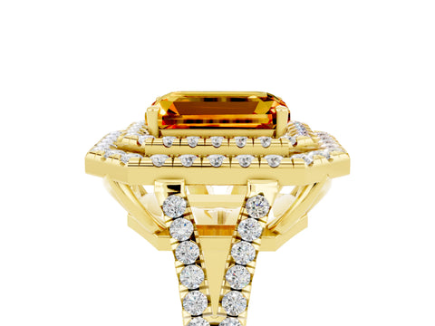 Yellow gold Emerald Cut Citrine Double Halo Ring with Pavé Band and Prong Setting_17