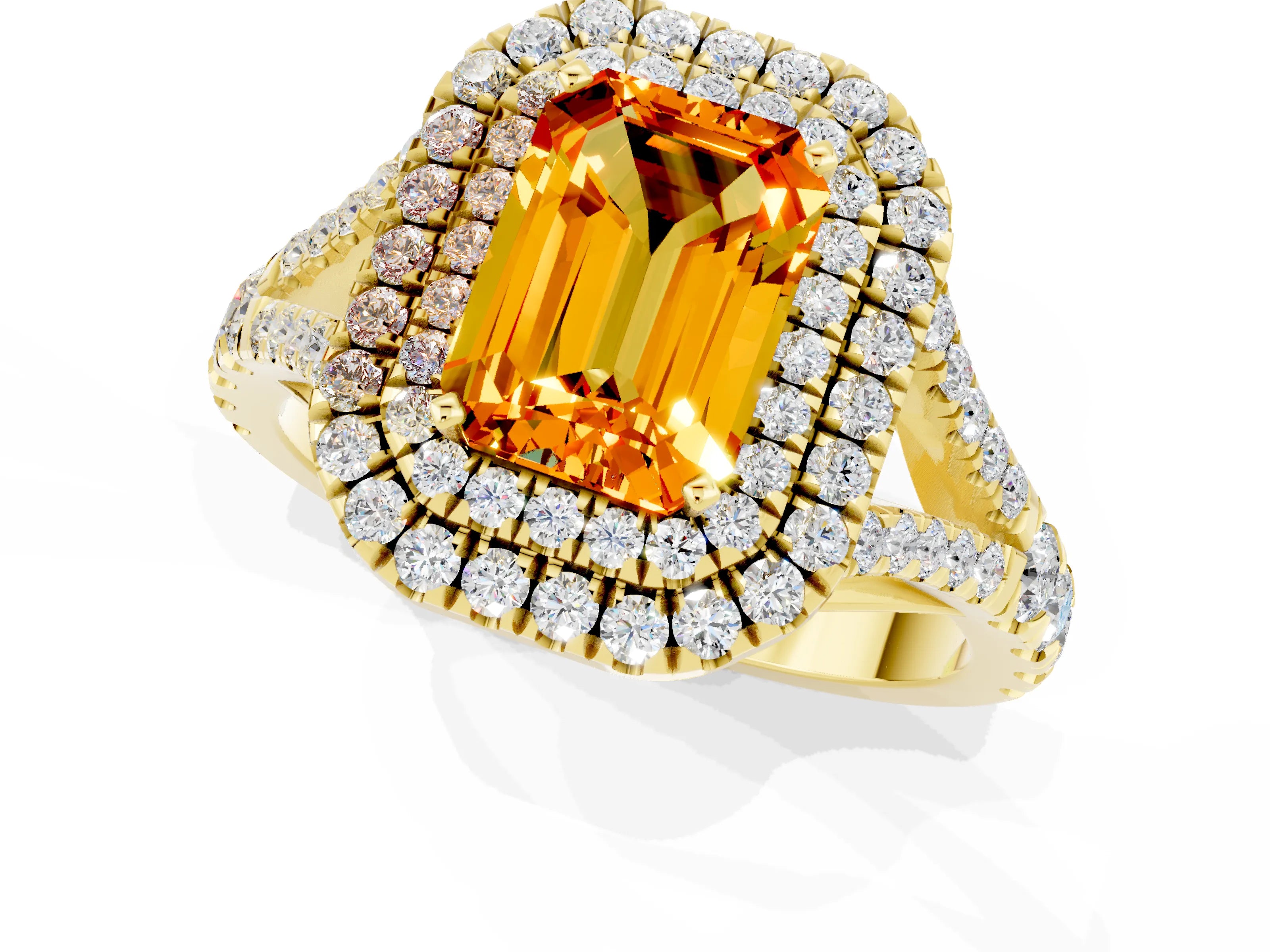 Yellow gold Emerald Cut Citrine Double Halo Ring with Split Shank and Prong Setting_13