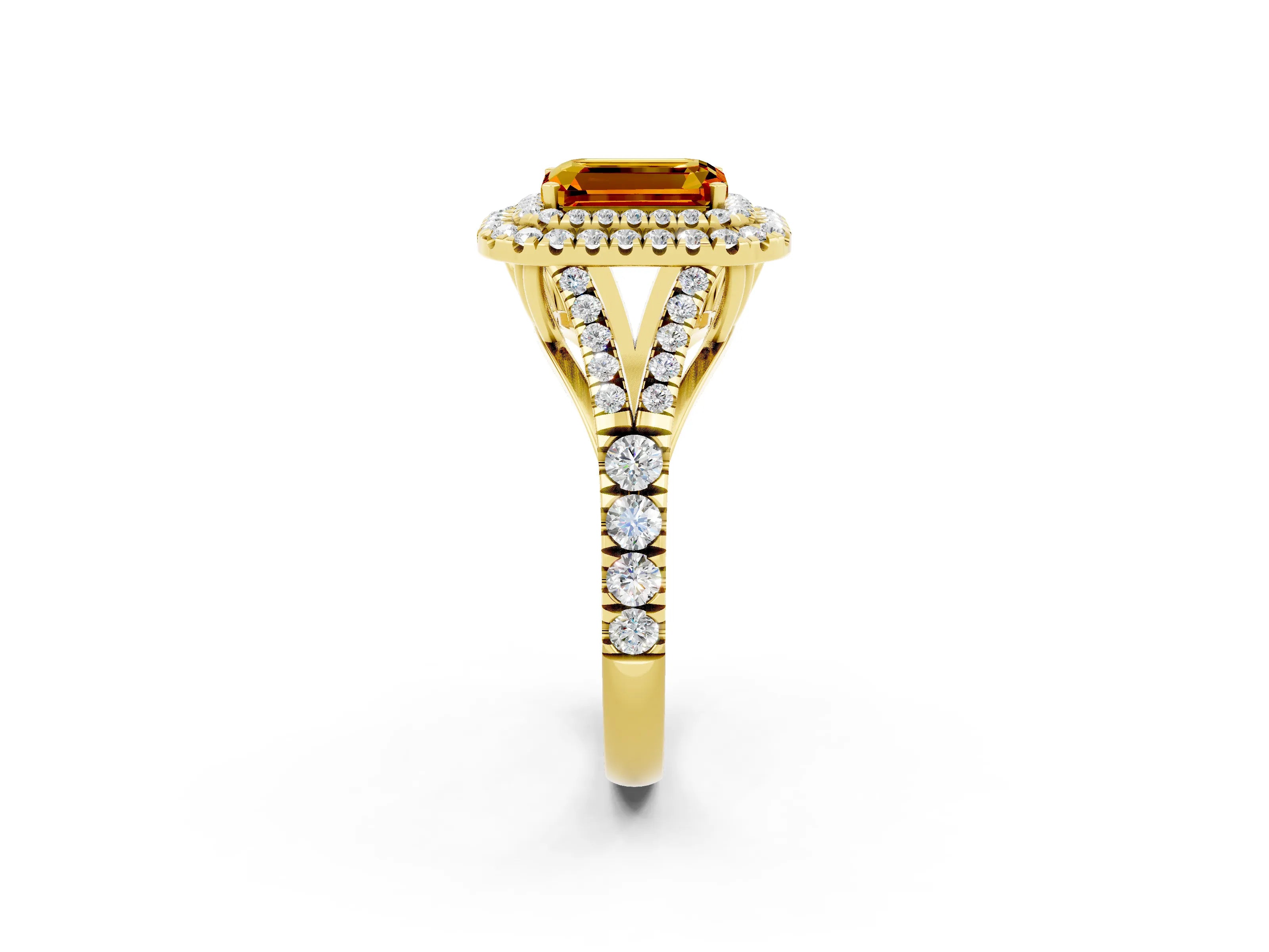 Yellow gold Emerald Cut Citrine Double Halo Ring with Split Shank and Prong Setting_14