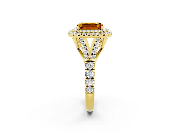 Yellow gold Emerald Cut Citrine Double Halo Ring with Split Shank and Prong Setting