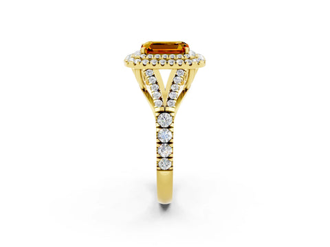 Yellow gold Emerald Cut Citrine Double Halo Ring with Split Shank and Prong Setting_14