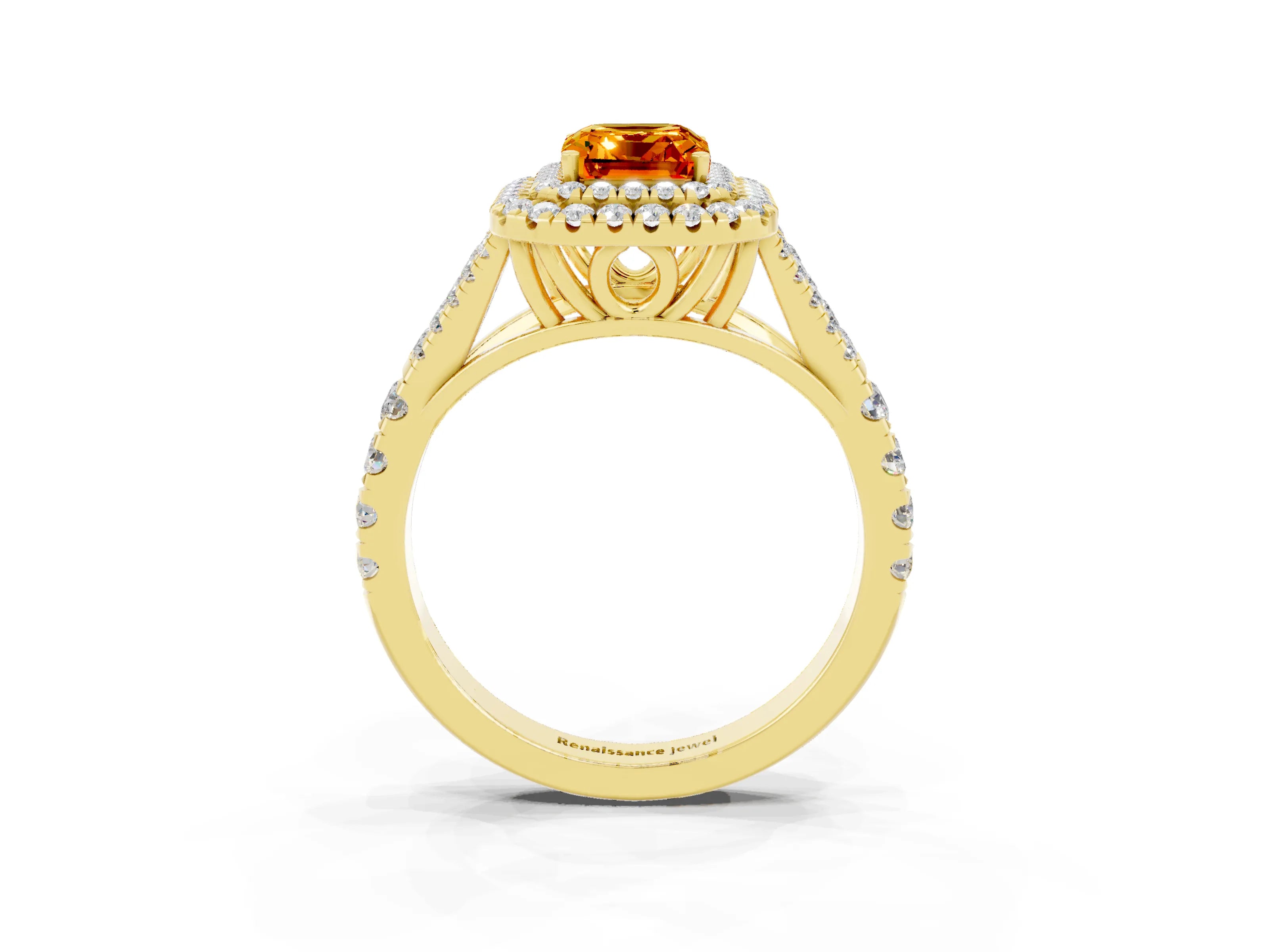 Yellow gold Emerald Cut Citrine Double Halo Ring with Split Shank and Prong Setting_15