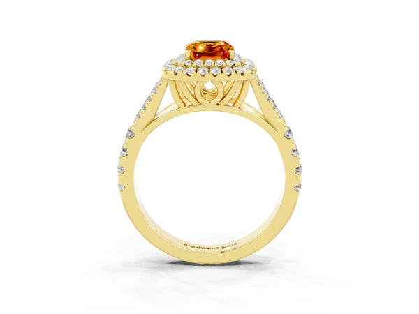 Yellow gold Emerald Cut Citrine Double Halo Ring with Split Shank and Prong Setting