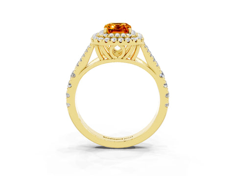 Yellow gold Emerald Cut Citrine Double Halo Ring with Split Shank and Prong Setting_15