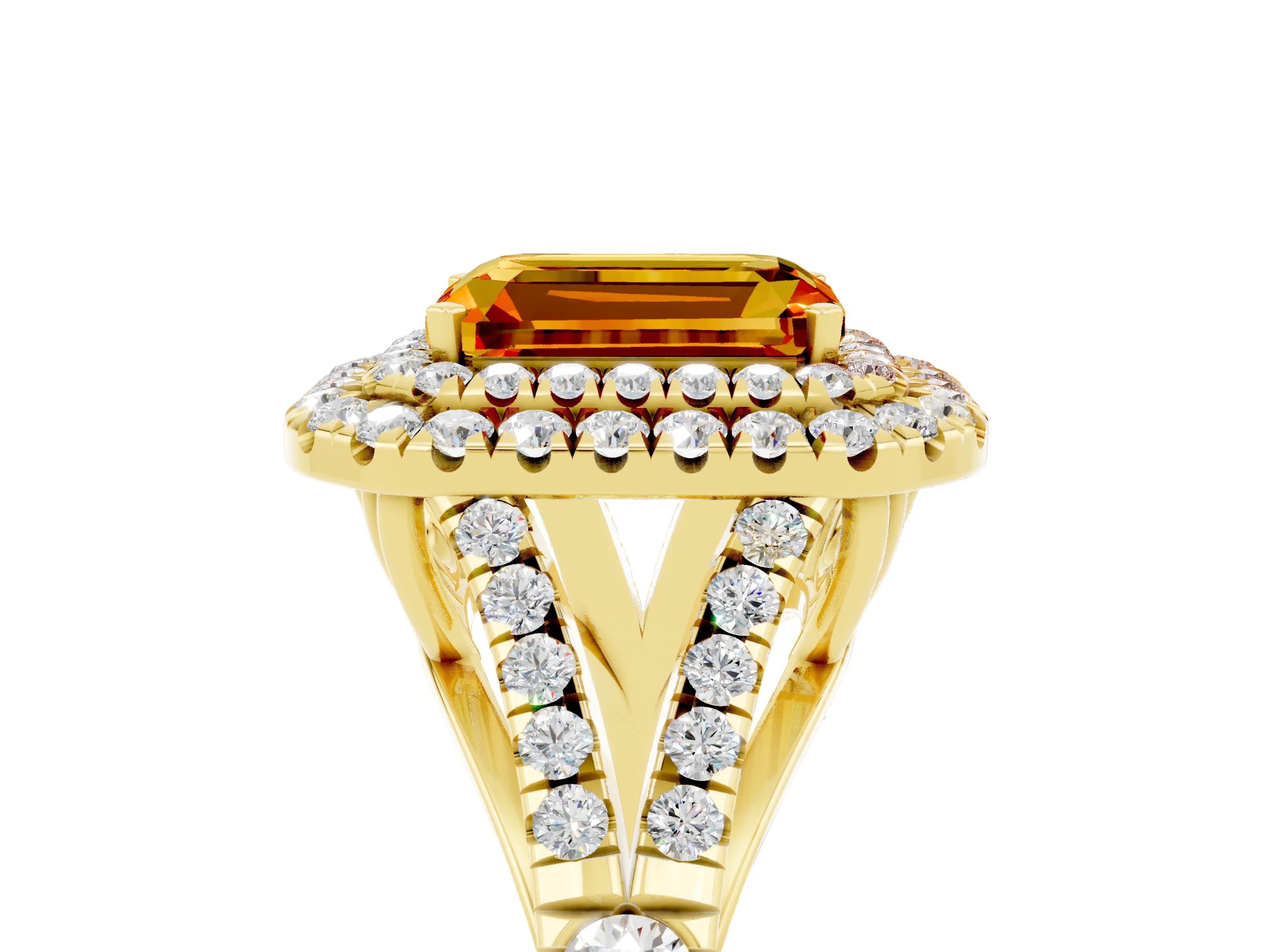 Yellow gold Emerald Cut Citrine Double Halo Ring with Split Shank and Prong Setting_17