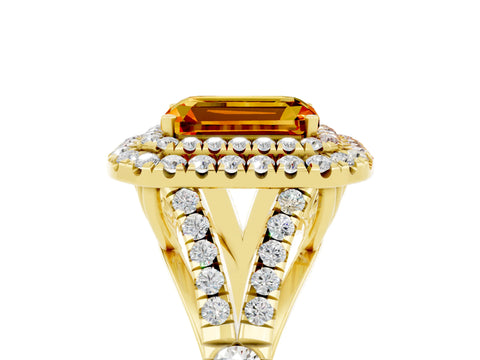 Yellow gold Emerald Cut Citrine Double Halo Ring with Split Shank and Prong Setting_17