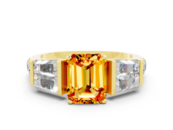 Yellow gold Emerald Cut Citrine Engagement Ring with Baguette Side Stones and Channel Set Band