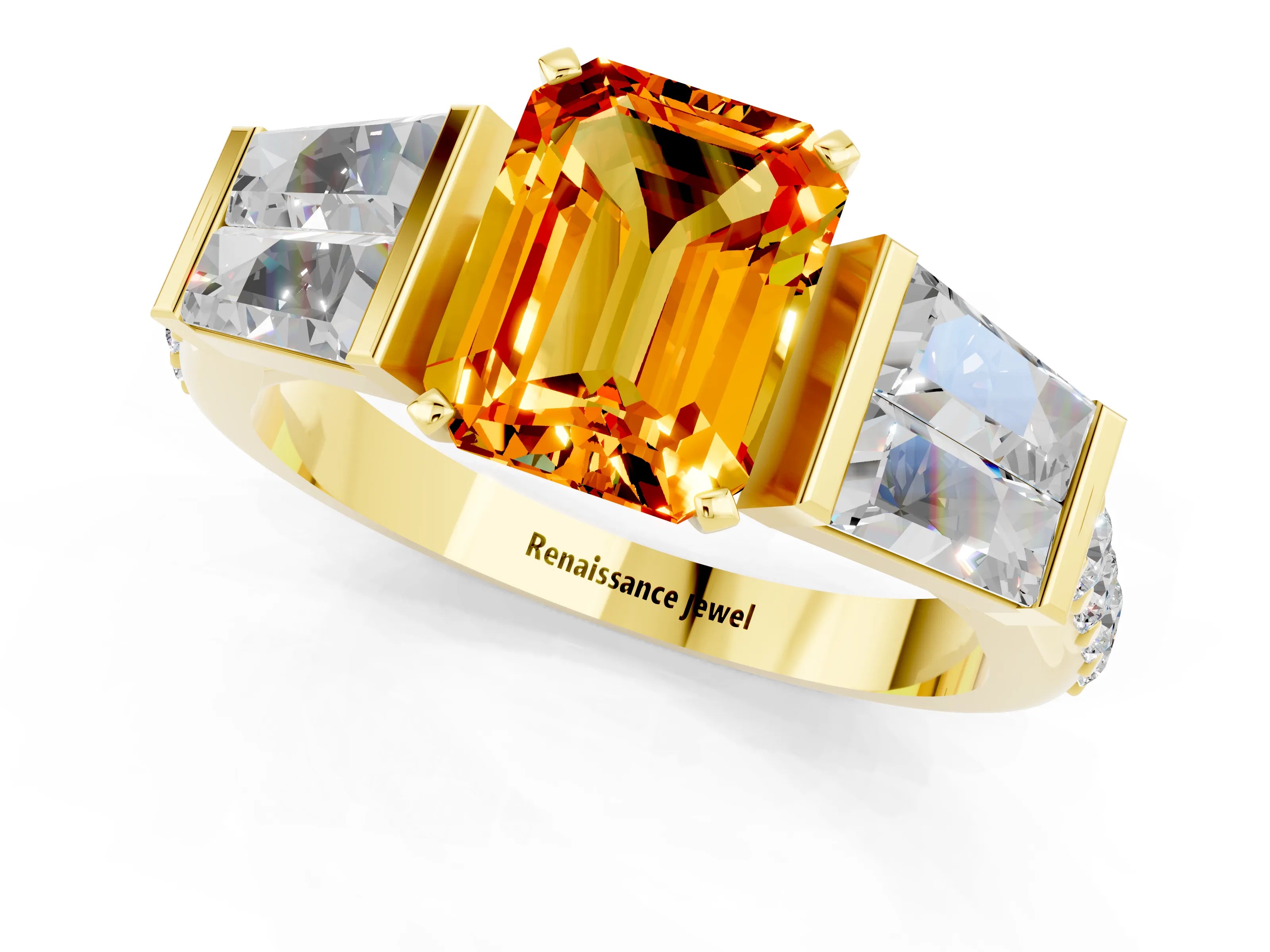 Yellow gold Emerald Cut Citrine Engagement Ring with Baguette Side Stones and Channel Set Band_1