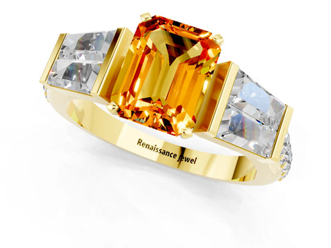 Yellow gold Emerald Cut Citrine Engagement Ring with Baguette Side Stones and Channel Set Band_1